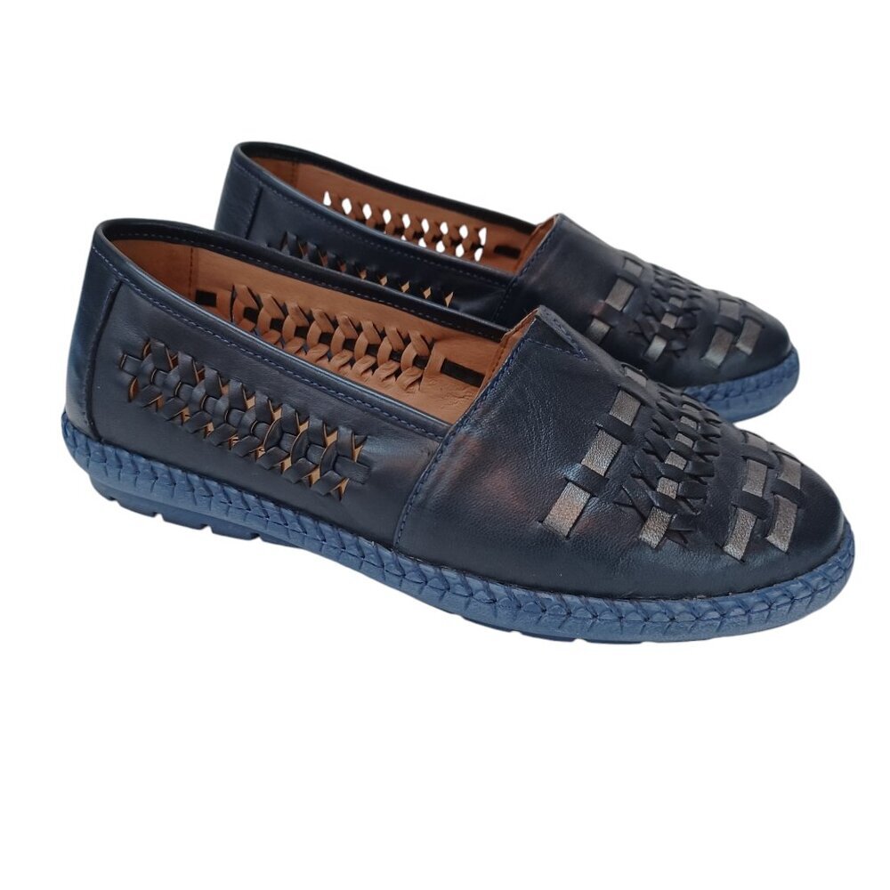 Trotters Leather Flats Woven Comfort Shoes Navy Silver Black Womens US 6.5‎